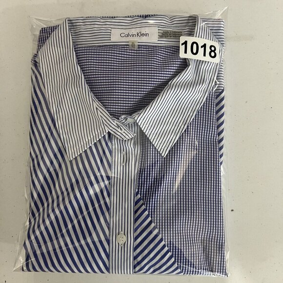 Calvin Klein Womens XL Purple Gingham Striped Patchwork Button Up Shirt Office - Picture 16 of 16